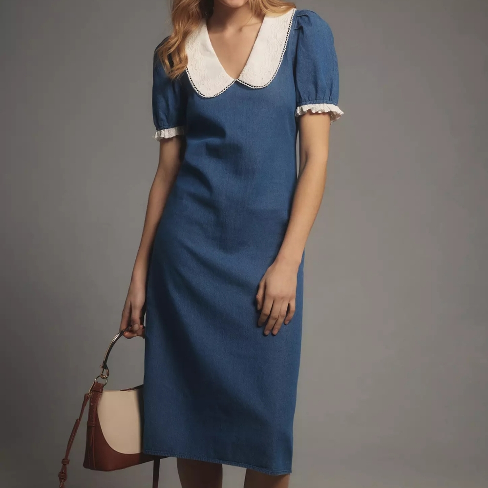 NWT Porridge Anthropologie Chambray Puff Sleeve Collar Midi Dress